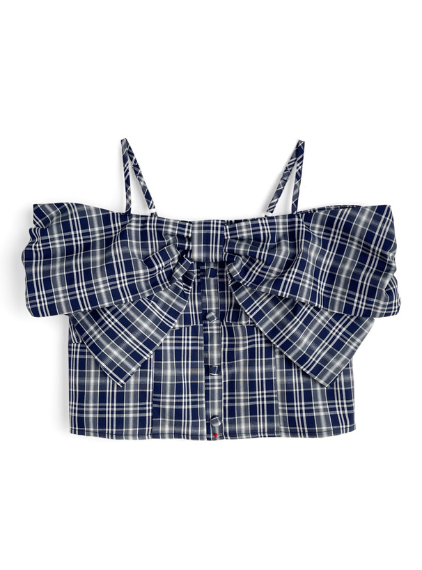 チェック柄ビッグリボンオフショルダートップス