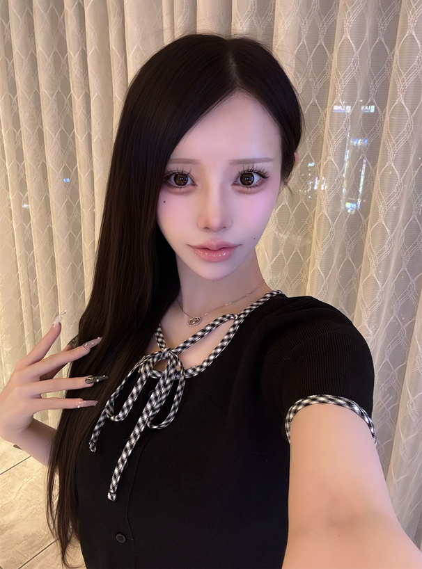 チェック柄パイピングリボンニットトップス