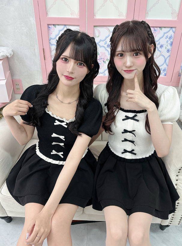 配色リボンフリルリブニットトップス