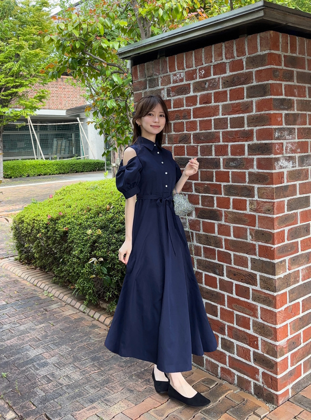 リボンベルト付きショルダーオープンワンピース
