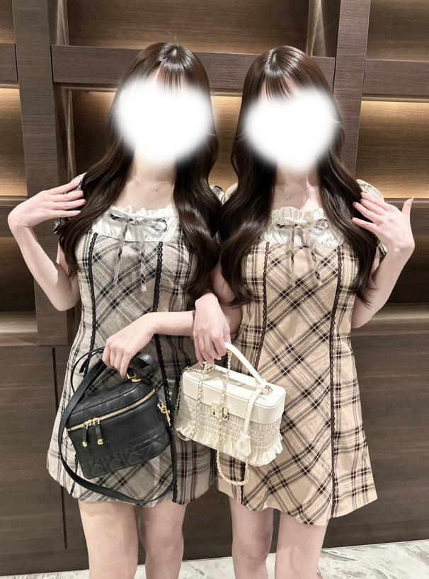 2Wayチェック柄リボンパフスリーブミニワンピース