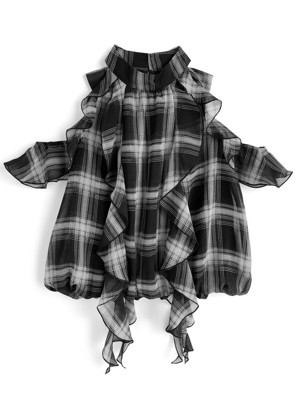 チェック柄ショルダーオープンフリルリボンブラウス