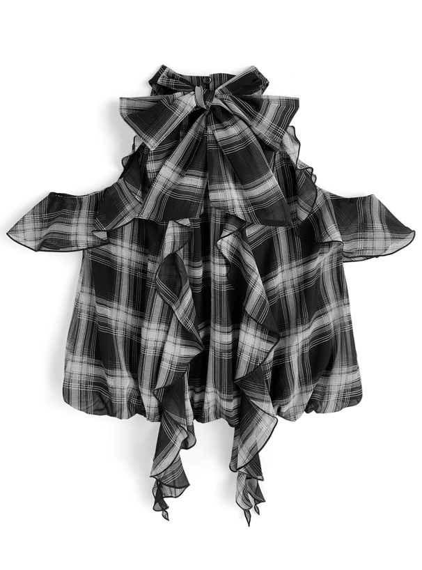チェック柄ショルダーオープンフリルリボンブラウス