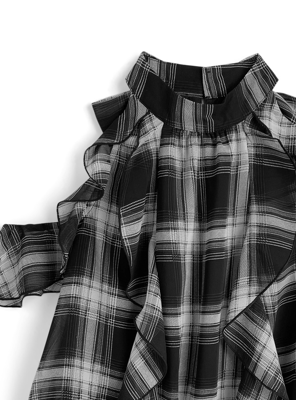 チェック柄ショルダーオープンフリルリボンブラウス