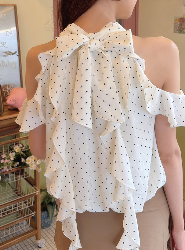 ドット柄ショルダーオープンフリルリボンブラウス[tu2192