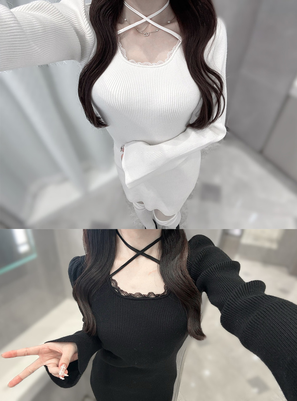 クロスネックバックレース切替リブニットミニワンピース