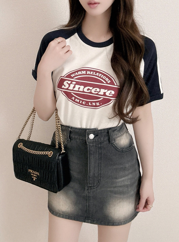 配色ラグランロゴプリントリブTシャツ