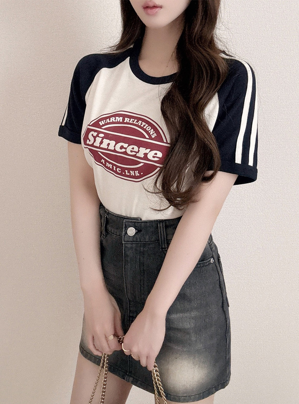 配色ラグランロゴプリントリブTシャツ