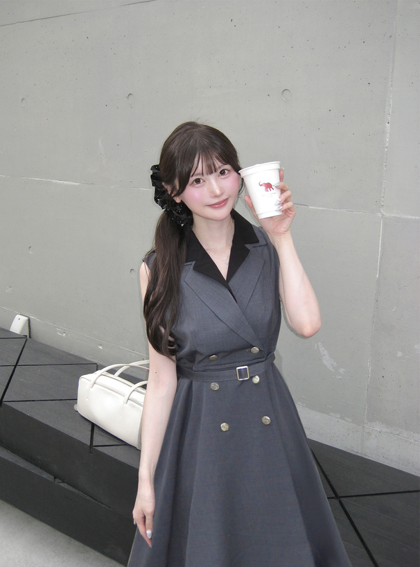 ベルト付き配色ダブルカラーノースリーブワンピース[tu2249