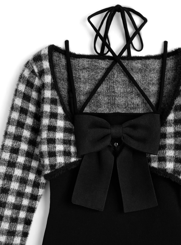 チェック柄シャギーボレロ×クロスネックリボンキャミソールニットアンサンブル