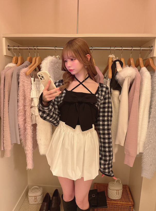 チェック柄シャギーボレロ×クロスネックリボンキャミソールニットアンサンブル