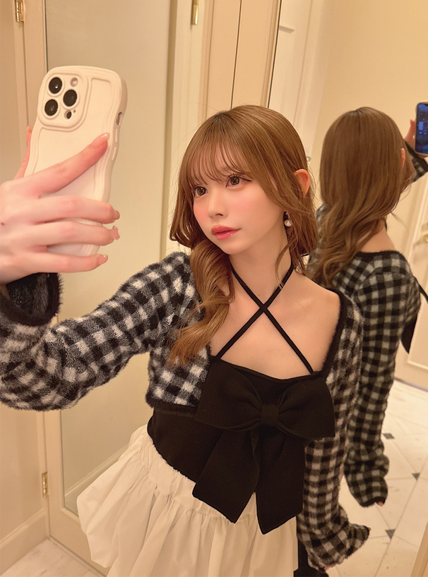チェック柄シャギーボレロ×クロスネックリボンキャミソールニットアンサンブル