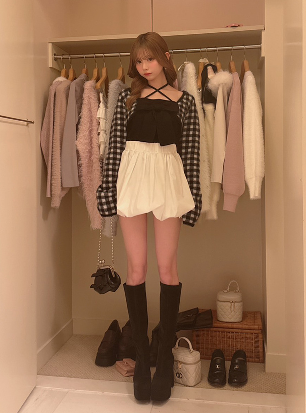チェック柄シャギーボレロ×クロスネックリボンキャミソールニットアンサンブル
