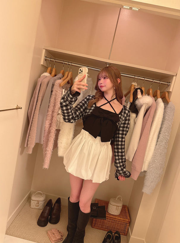 チェック柄シャギーボレロ×クロスネックリボンキャミソールニットアンサンブル