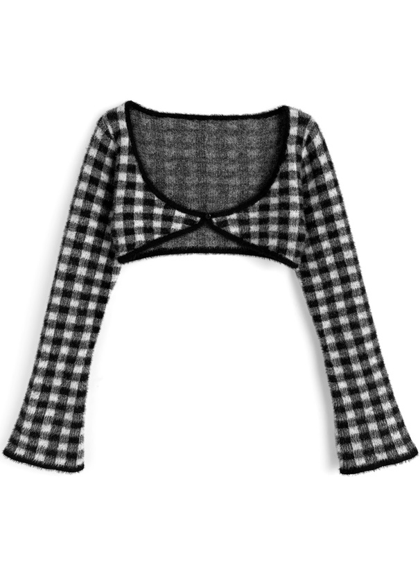 チェック柄シャギーボレロ×クロスネックリボンキャミソールニットアンサンブル