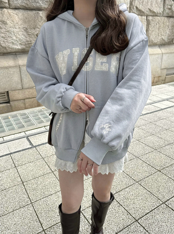 レースロゴ刺繍ダブルスウェットジップパーカー