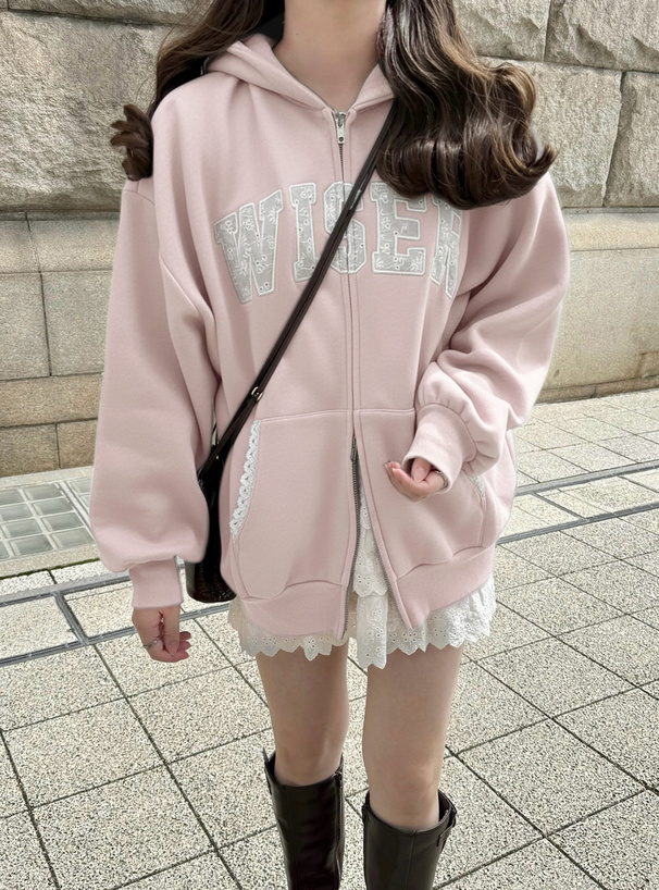 レースロゴ刺繍ダブルスウェットジップパーカー