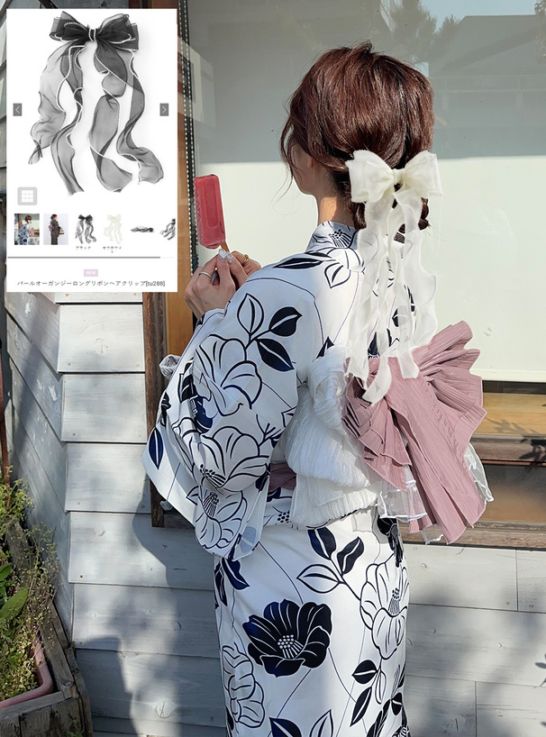 パールオーガンジーロングリボンヘアクリップ