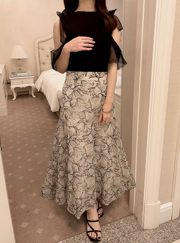 花柄刺繍楊柳シフォンフレアスカート[tu411]　レディースファッション通販のグレイル(GRL)【公式】