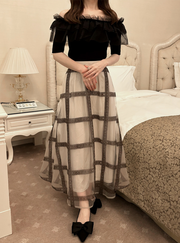 チュール刺繍チェックフレアスカート[tu468] | レディースファッション 