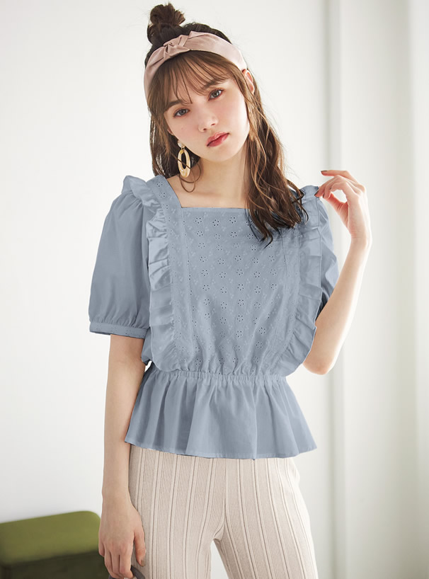 刺繍フリルペプラムブラウス