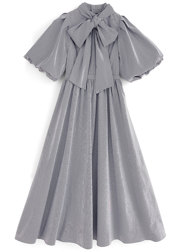 リボン付きフリル装飾パール釦ストライプノースリーブワンピース　ネイビー