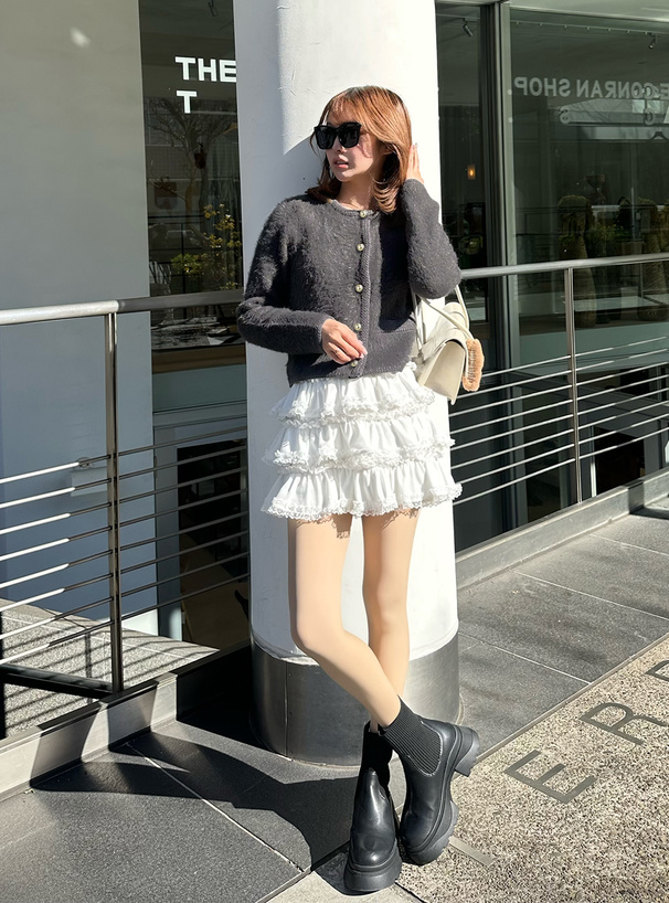 インパン裏地付きレースフリルティアードミニスカート