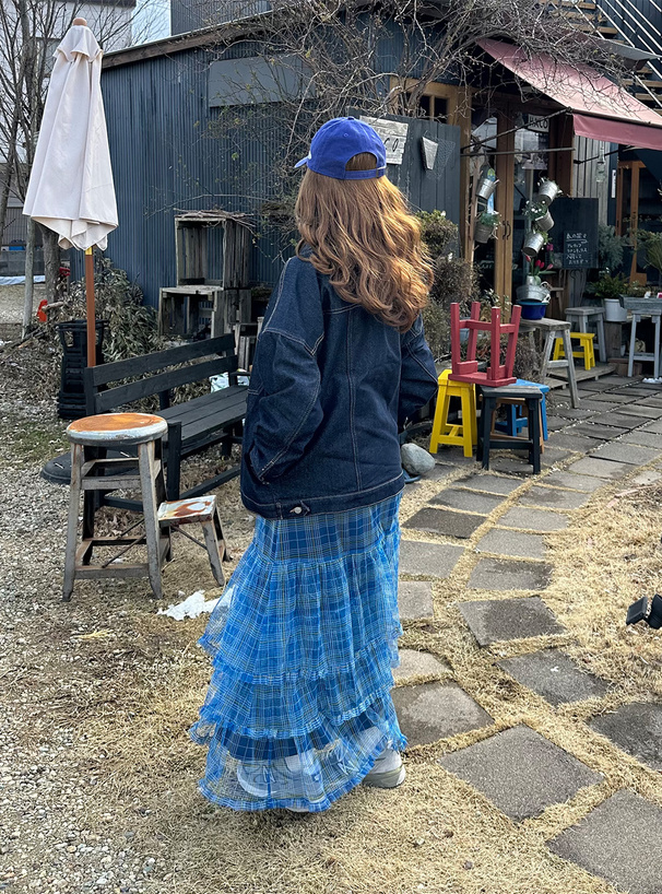 チェック柄チュールティアードスカート