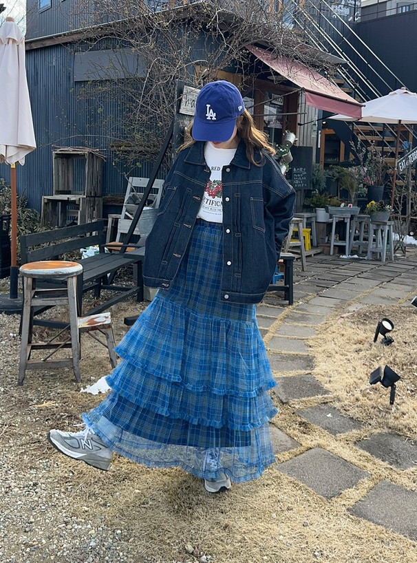 チェック柄チュールティアードスカート