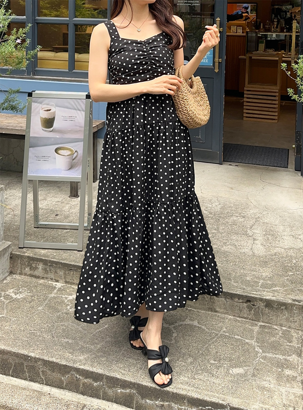 ドット柄ティアードキャミフレアワンピース[tw1205] | レディース