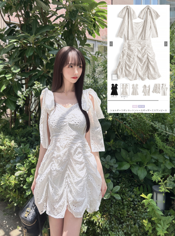 ショルダーリボンコットンレースギャザーミニワンピース[tw1212