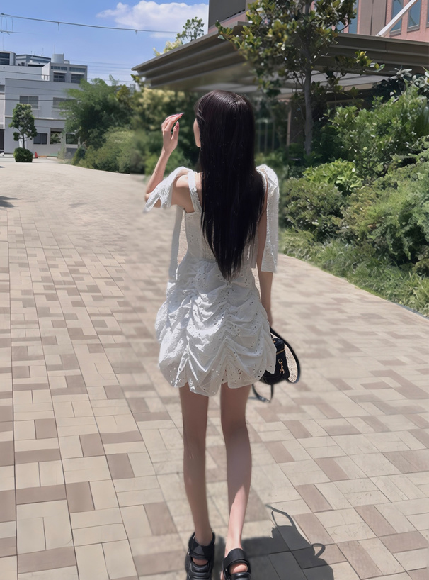 ショルダーリボンコットンレースギャザーミニワンピース