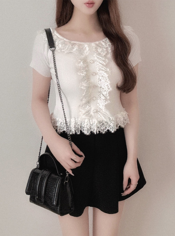 2Wayレースフリルリブニットトップス