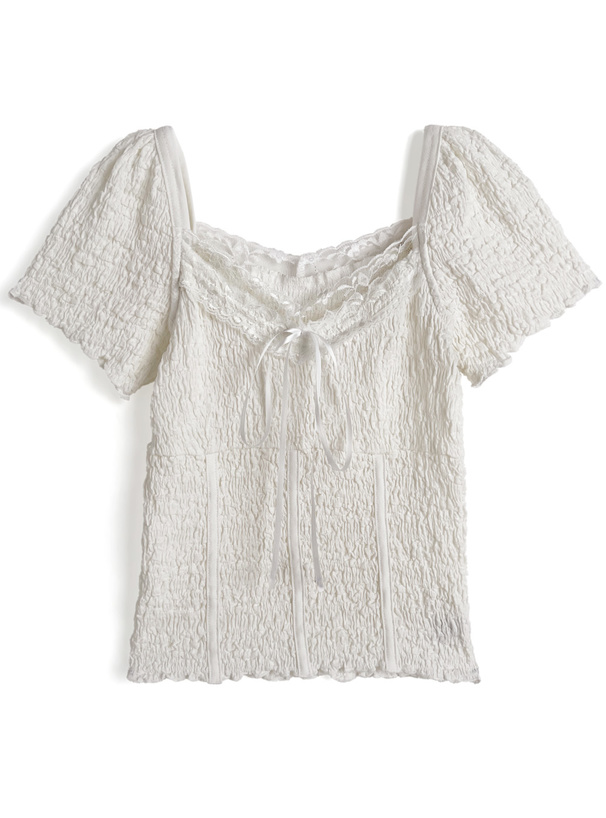 レースリボンシャーリングパフスリーブトップス[tw1222]