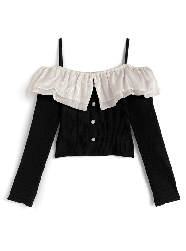 オーガンジーフリルオフショルダーニットトップス