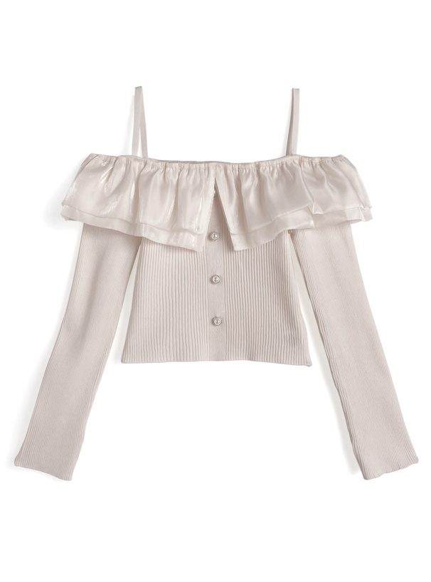 オーガンジーフリルオフショルダーニットトップス