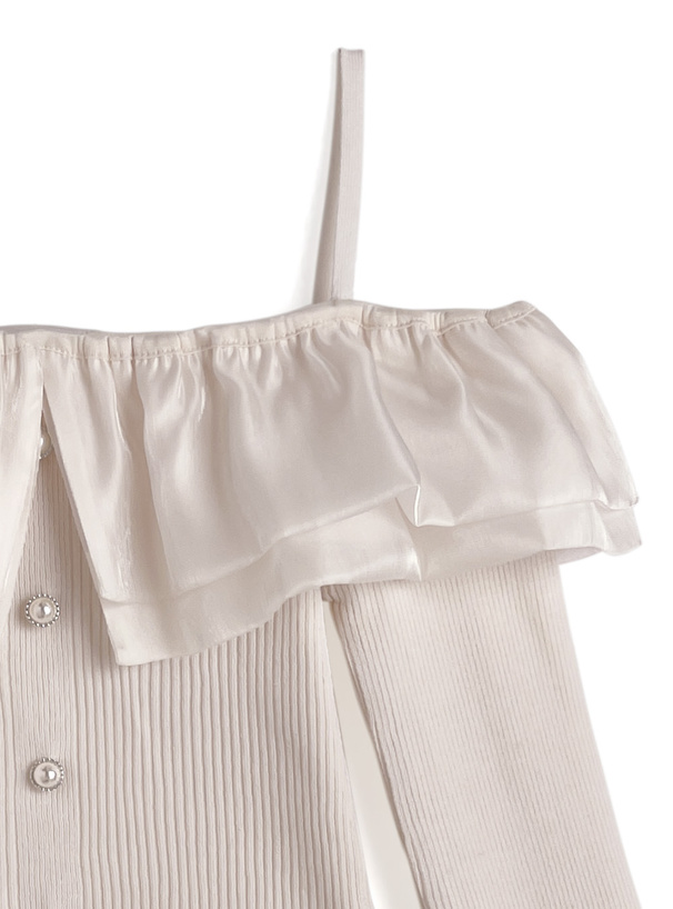 オーガンジーフリルオフショルダーニットトップス