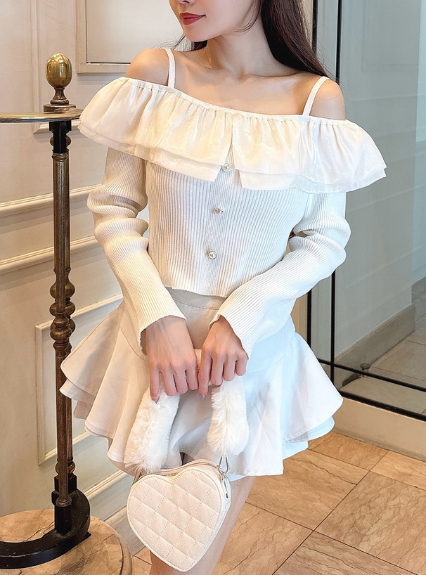 オーガンジーフリルオフショルダーニットトップス