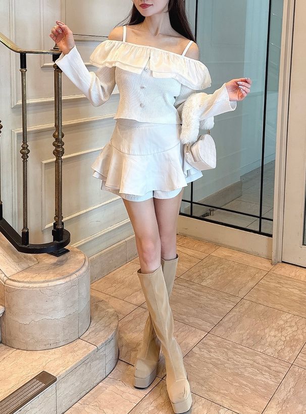 オーガンジーフリルオフショルダーニットトップス