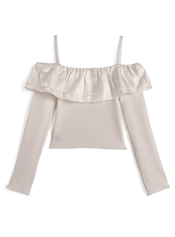 オーガンジーフリルオフショルダーニットトップス
