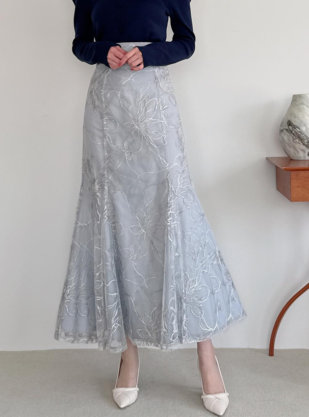フラワー刺繍チュールマーメイドスカート