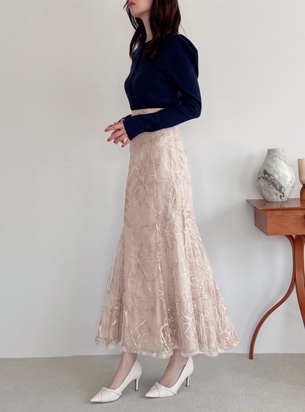 フラワー刺繍チュールマーメイドスカート
