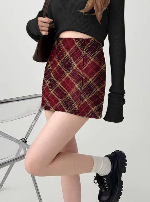 インパン裏地付きチェック柄タイトミニスカート
