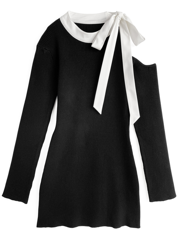 ワンショルダーリボンニットミニワンピース[tw1232]