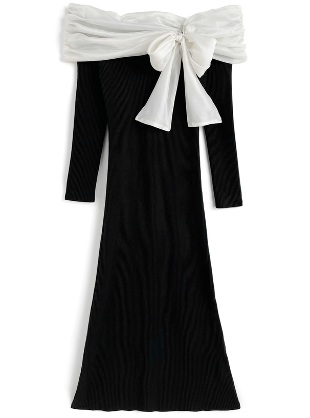 オーガンジーリボンオフショルダーニットワンピース[tw1234]