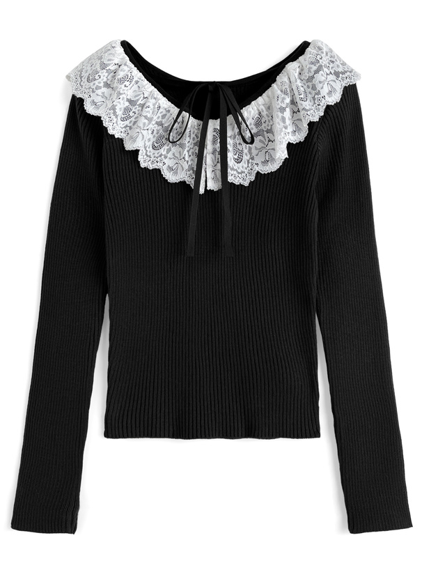 レースリボンVネックリブニットトップス[tw1235]