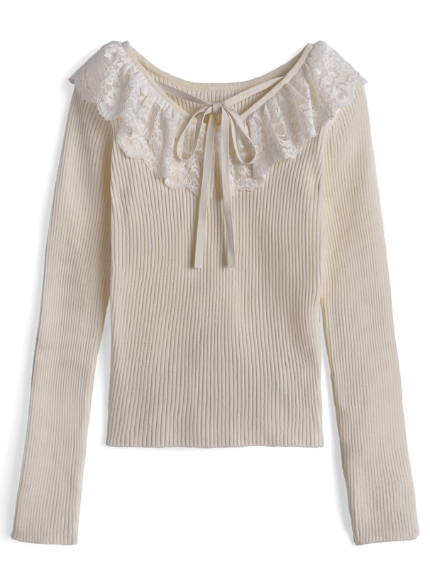レースリボンVネックリブニットトップス[tw1235]