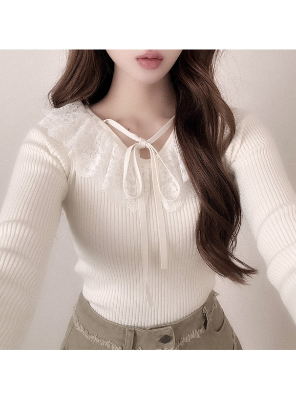 レースリボンVネックリブニットトップス[tw1235] | レディース