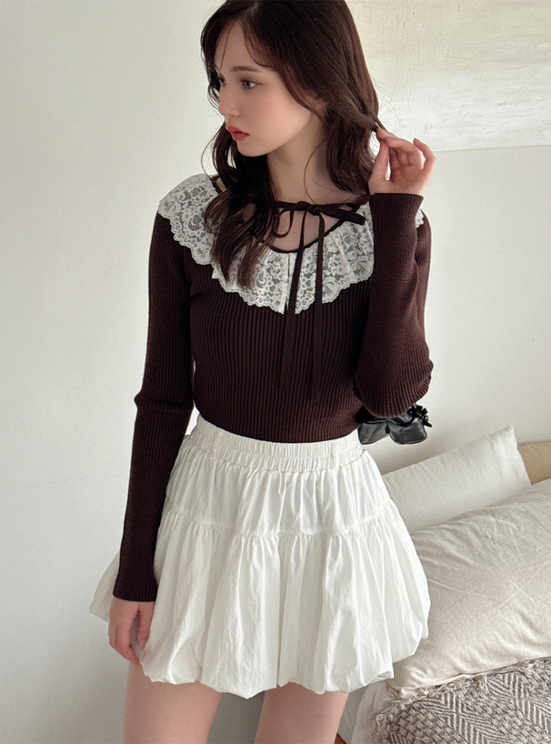 レースリボンVネックリブニットトップス[tw1235] | レディース