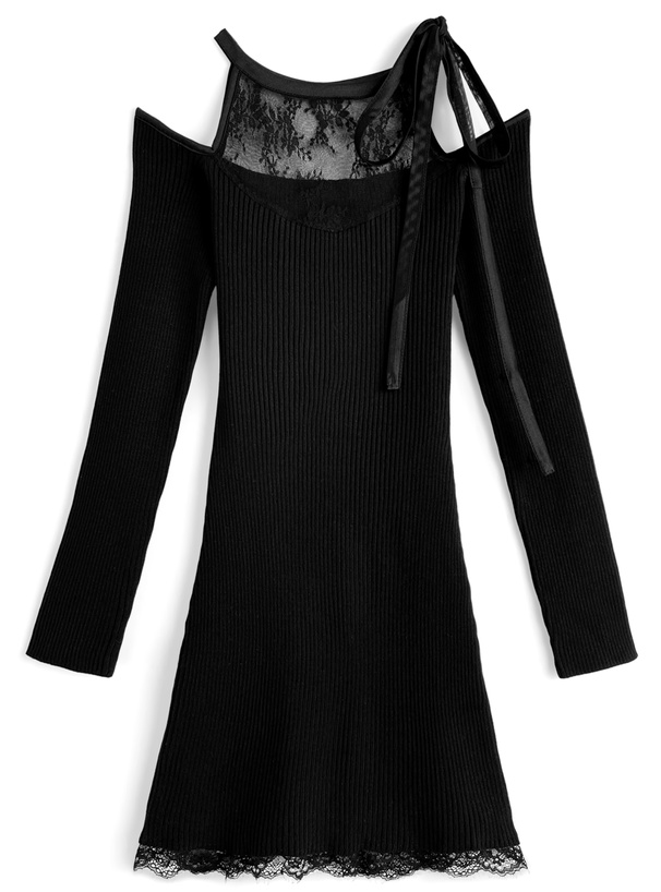 ショルダーオープンリボンレースニットワンピース[tw1237]